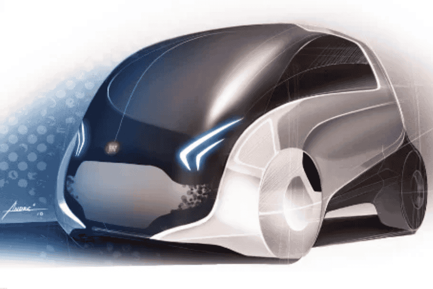 Ilustração do carro conceito Fiat Mio com design futurista e linhas arredondadas, criado no Brasil em 2009.