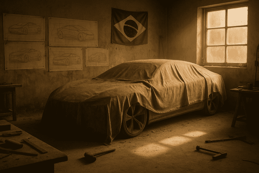 Modelo de carro conceito brasileiro coberto por lona em estúdio abandonado, com esboços na parede.