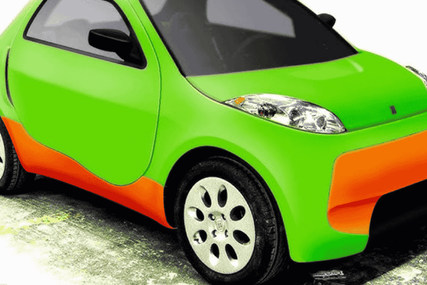 Carro elétrico conceito Obvio! 012E com carroceria compacta em verde e laranja, projetado para uso urbano no Brasil.