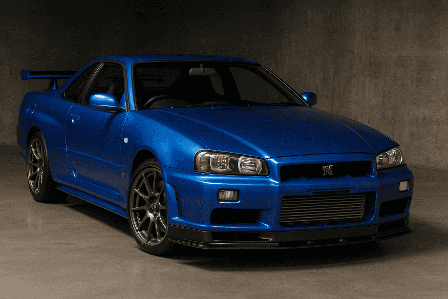 Nissan Skyline GT-R R34 azul metálico estacionado em ambiente interno com fundo cinza.