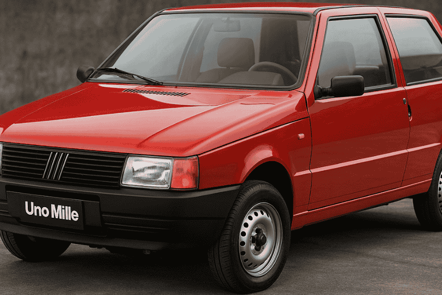 Fiat Uno Mille vermelho estacionado em solo de asfalto, com fundo neutro de concreto.