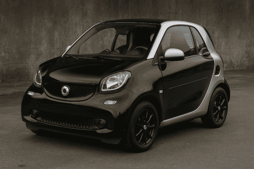 Carro Smart Fortwo preto e prata estacionado em piso de asfalto, com fundo escuro de concreto.