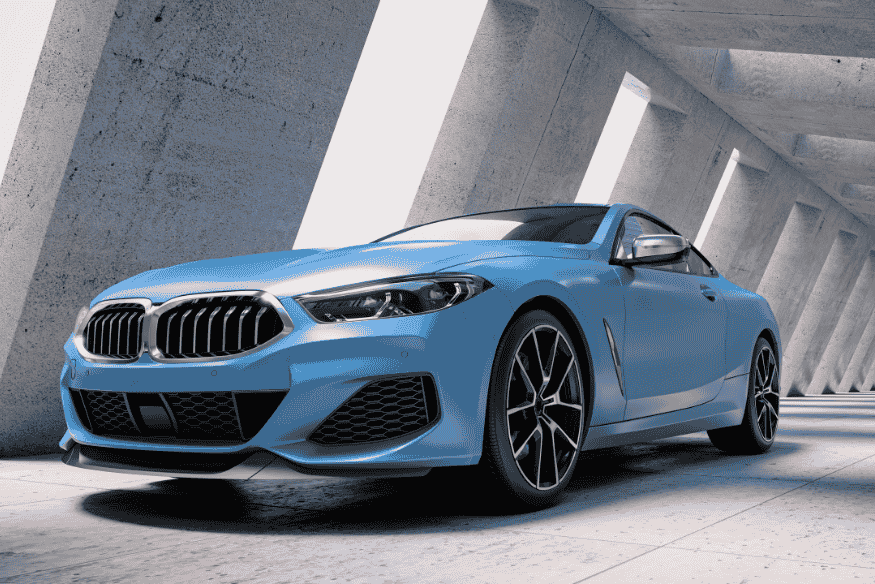 Carro esportivo de luxo azul claro em ambiente fechado, com design sofisticado e moderno