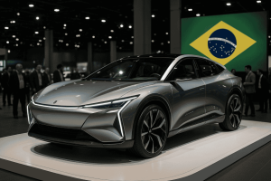 Protótipo de carro conceito brasileiro exposto em salão do automóvel, com design futurista e ambiente iluminado.
