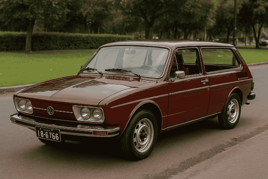Volkswagen Variant vinho, modelo clássico dos anos 1970, circulando em rua arborizada.