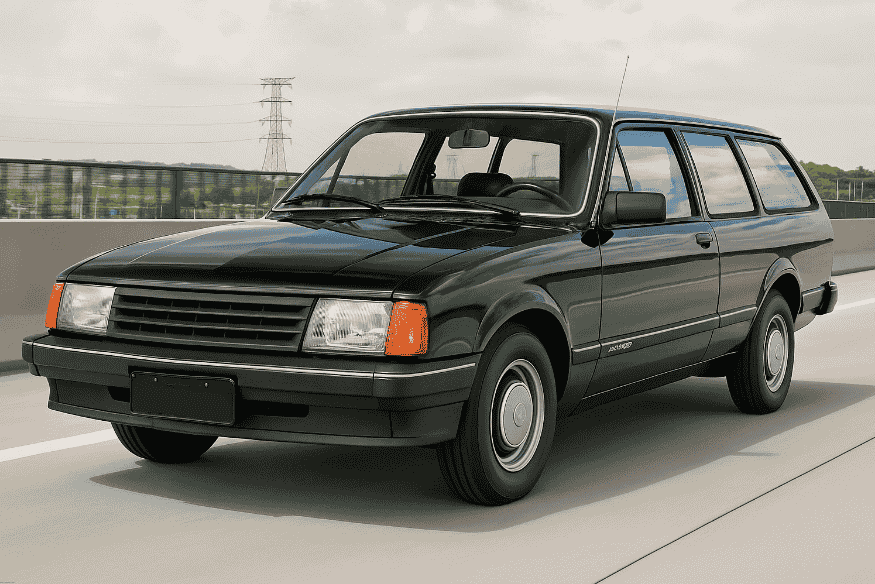 Chevrolet Marajó preta, em movimento sobre via expressa, representando a popularidade das peruas nos anos 1980.