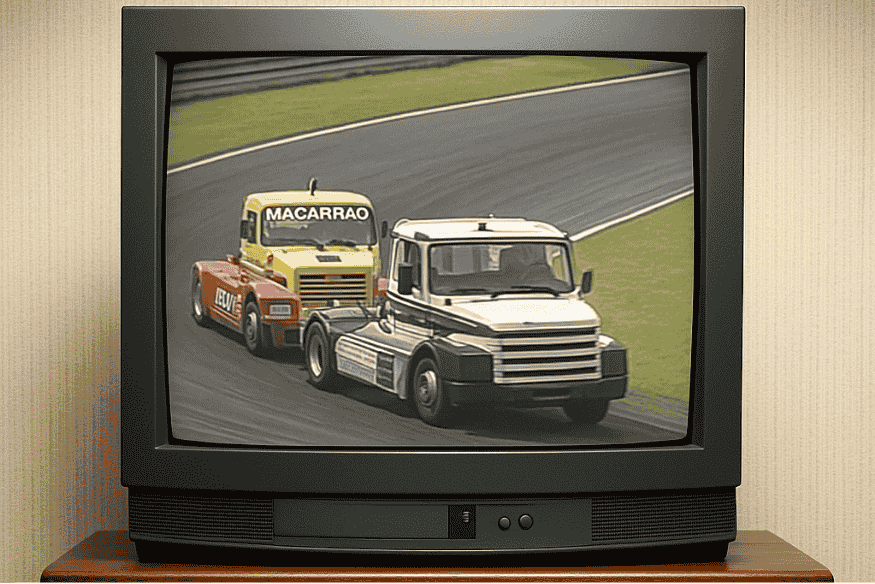 Corrida da Fórmula Truck sendo exibida em TV de tubo, com dois caminhões em curva