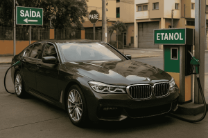 Carro de luxo estacionado ao lado de bomba de etanol em posto de combustível no Brasil, simbolizando o contraste entre sofisticação e motor flex.
