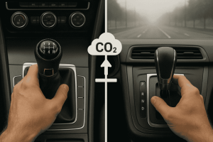 Comparativo visual entre câmbio manual e automático em relação às emissões de CO₂.