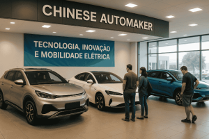 Pessoas observam carros elétricos em showroom de montadora chinesa com faixa “tecnologia, inovação e mobilidade elétrica”.