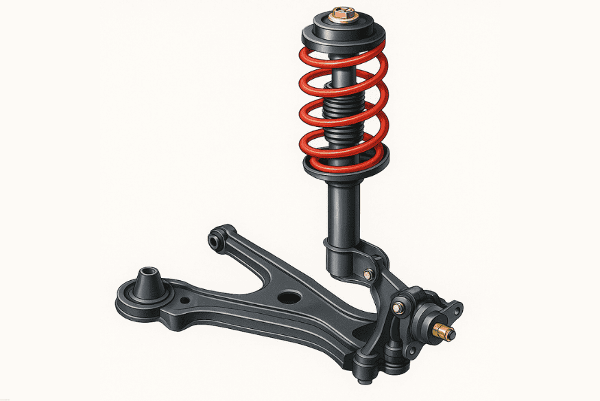 Ilustração técnica de suspensão automotiva tipo McPherson com mola helicoidal vermelha